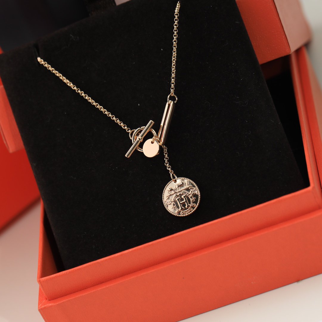Hermes HM Round Card Silver Pink Gold Drop Necklace
