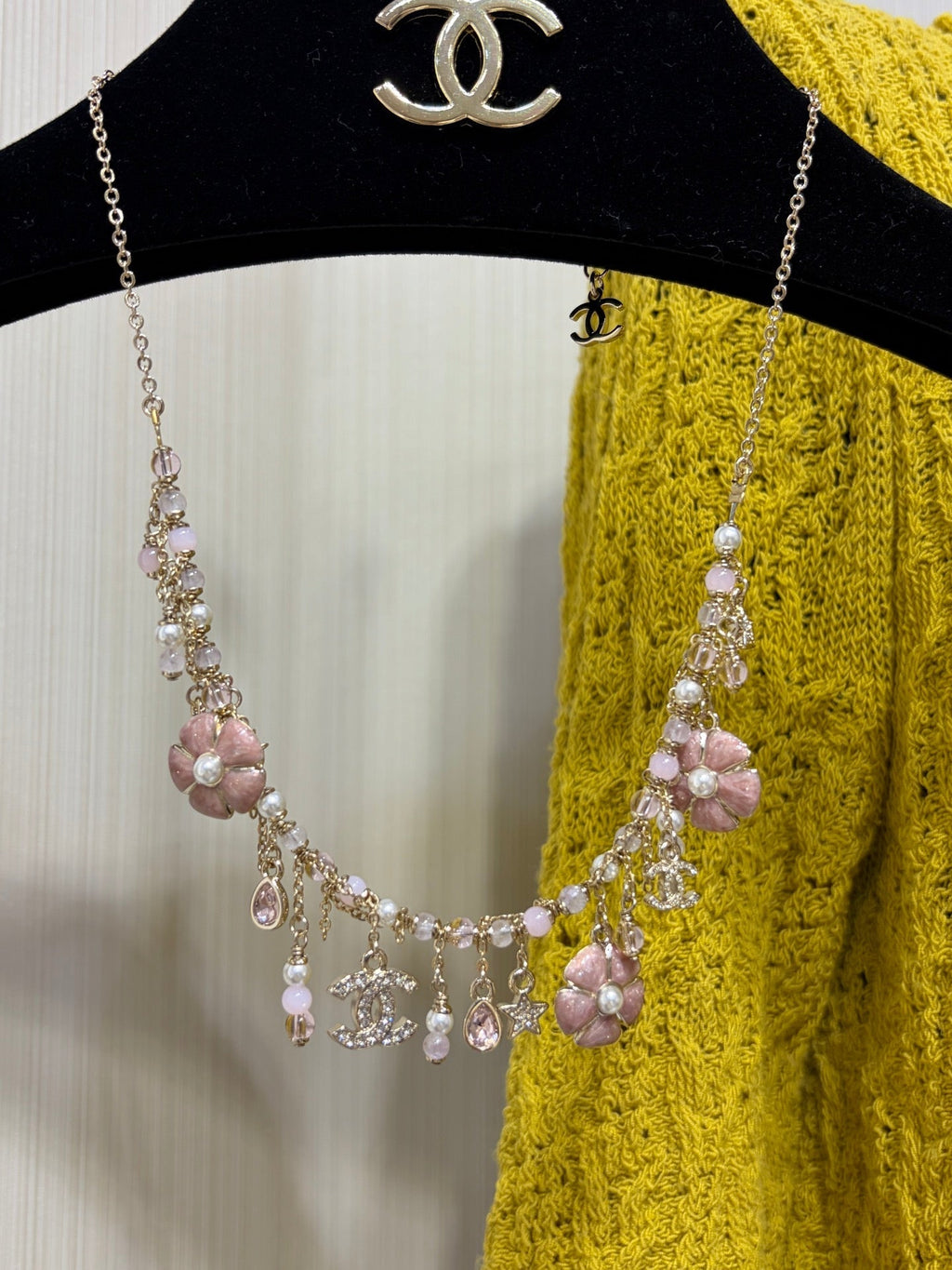 Chanel 2026 Light Gold Double C Pink Flower Pearl Tassel Necklace