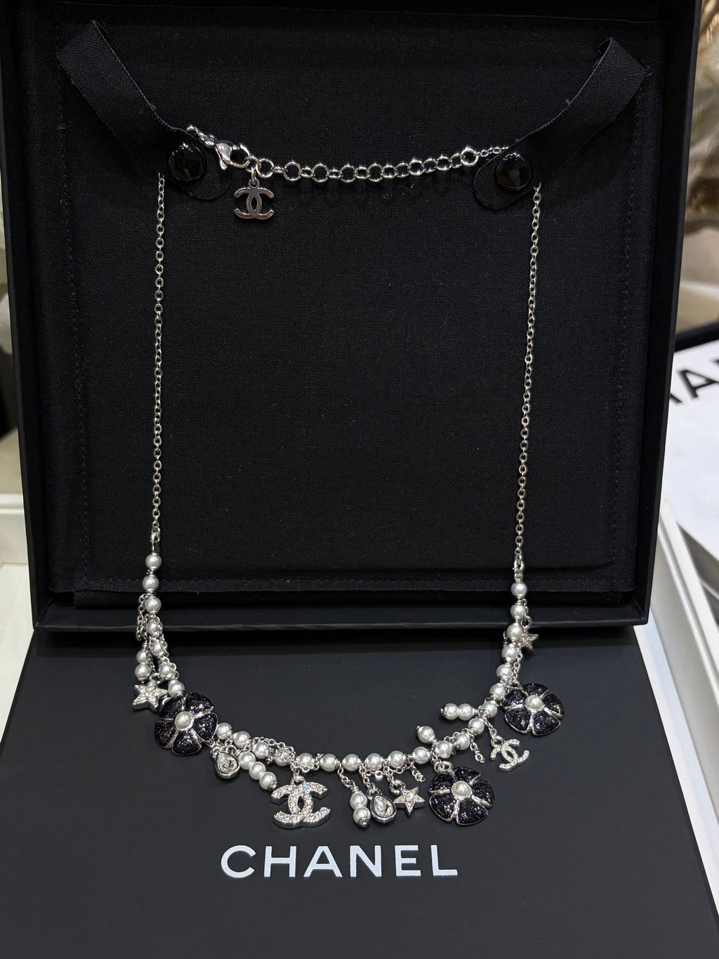 Chanel 2026 Silver Double C Black Flower Pearl Tassel Necklace