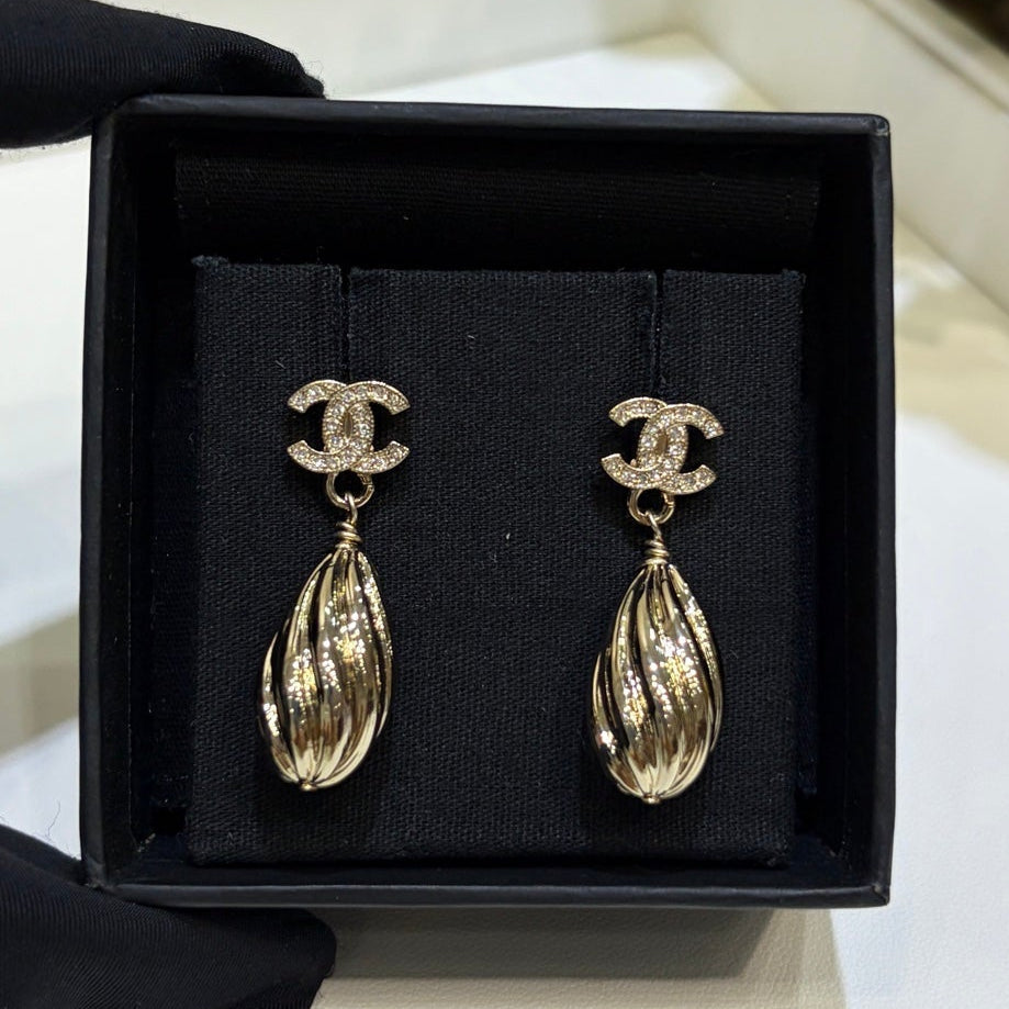 Chanel 2026 Gold Crystal Double C Metal Teardrop Earrings