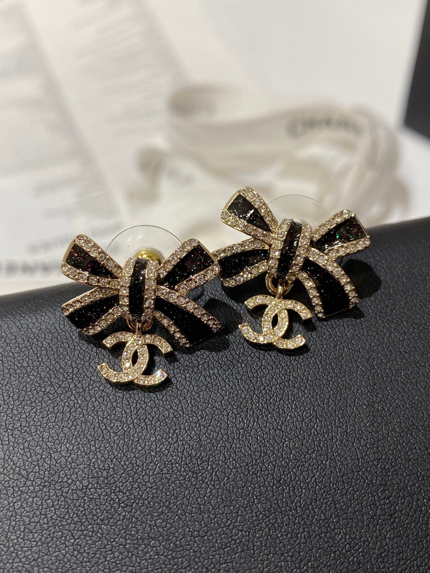 Chanel Crystals Black Enamel Bow Gold Earrings