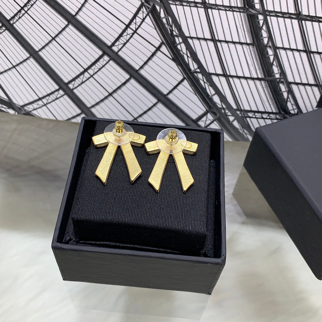 Chanel Black Letter Earrings with White Ribbon and Bow
