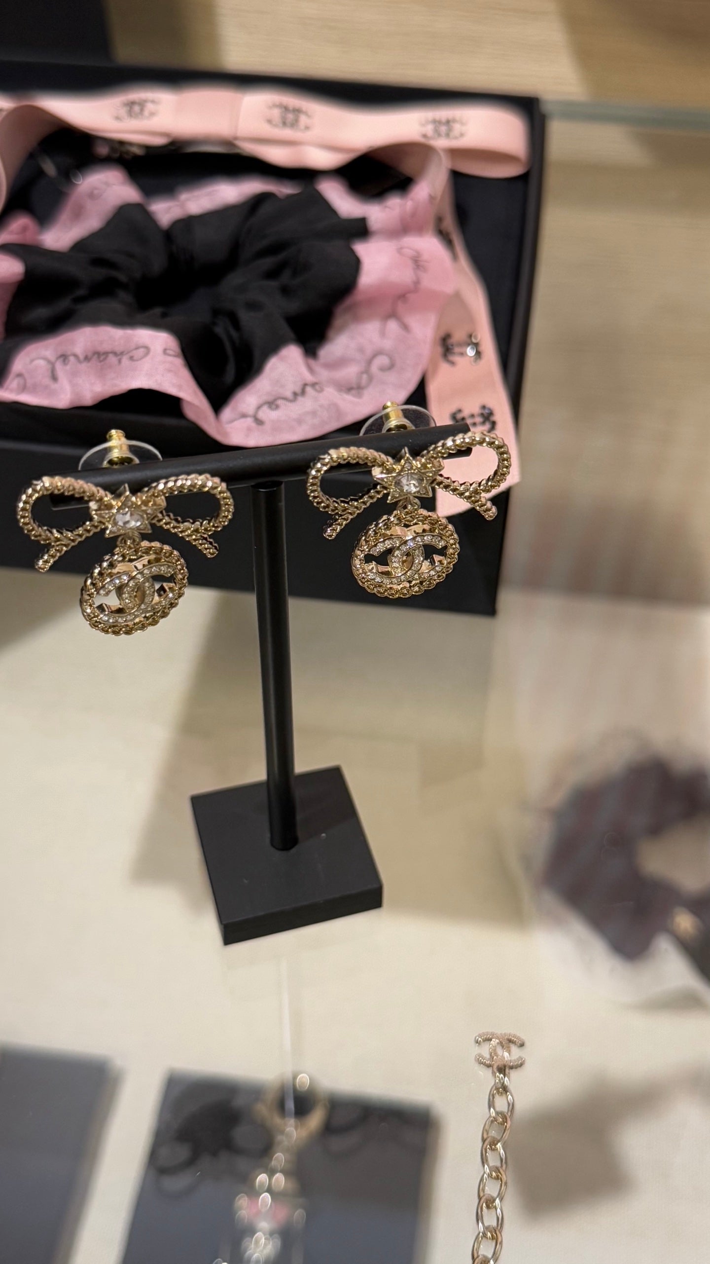 Chanel Light Gold Earrings with Bow Rhinestones and Stars