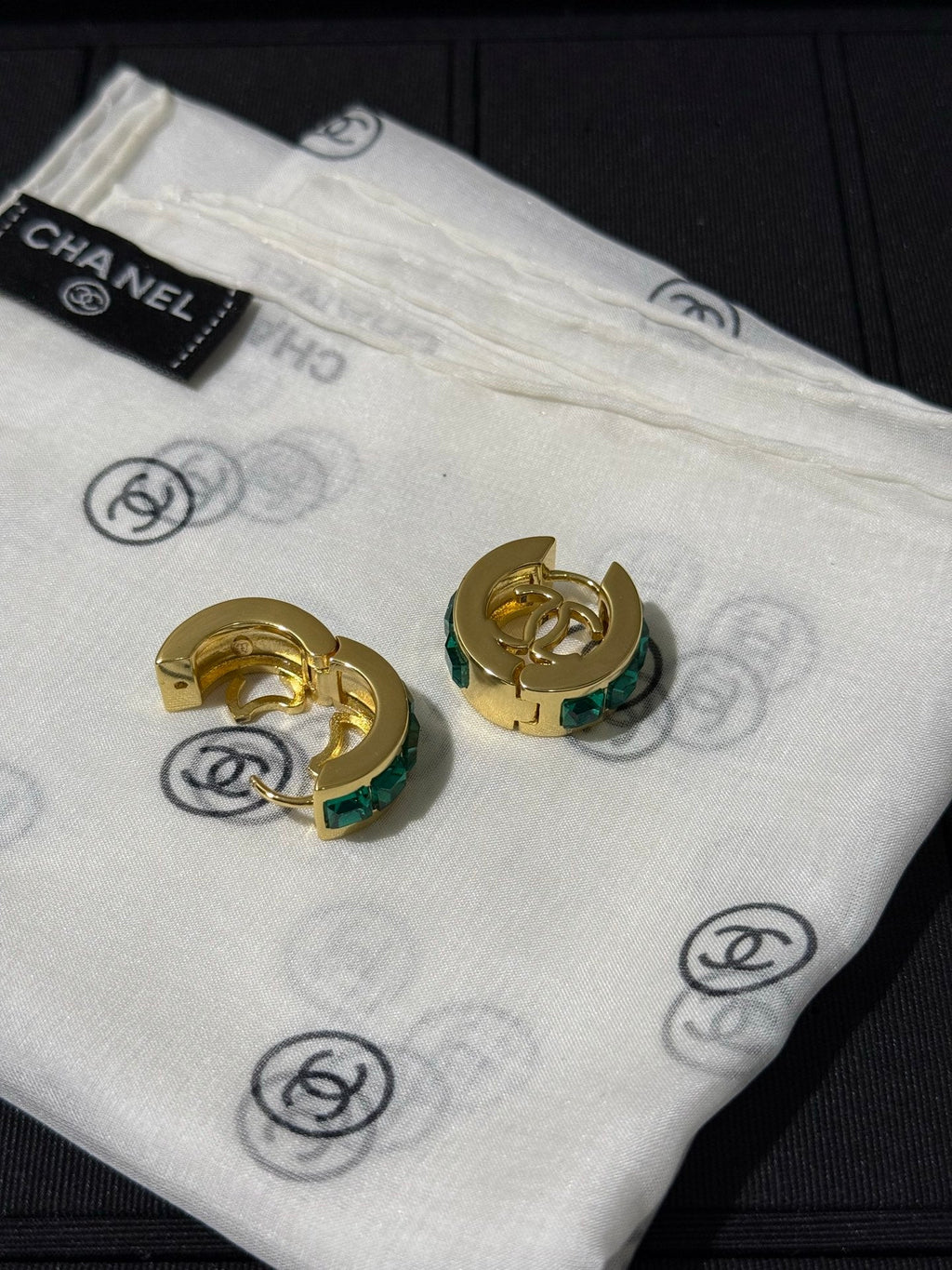 Chanel 2026 Emerald Square Diamond Gold Double C Hoop Stud Earrings