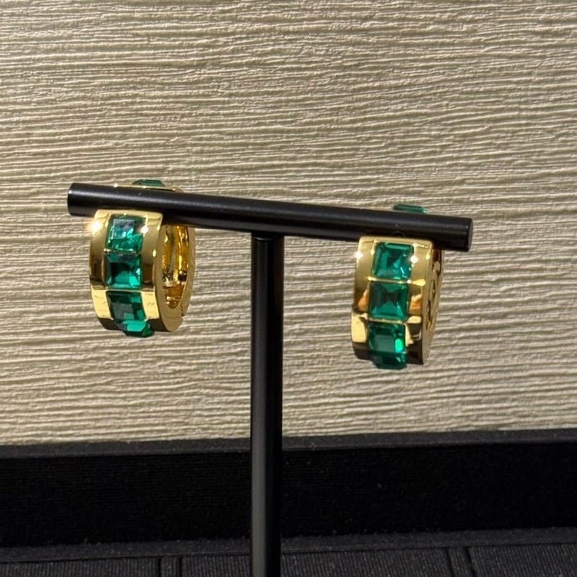 Chanel 2026 Emerald Square Diamond Gold Double C Hoop Stud Earrings