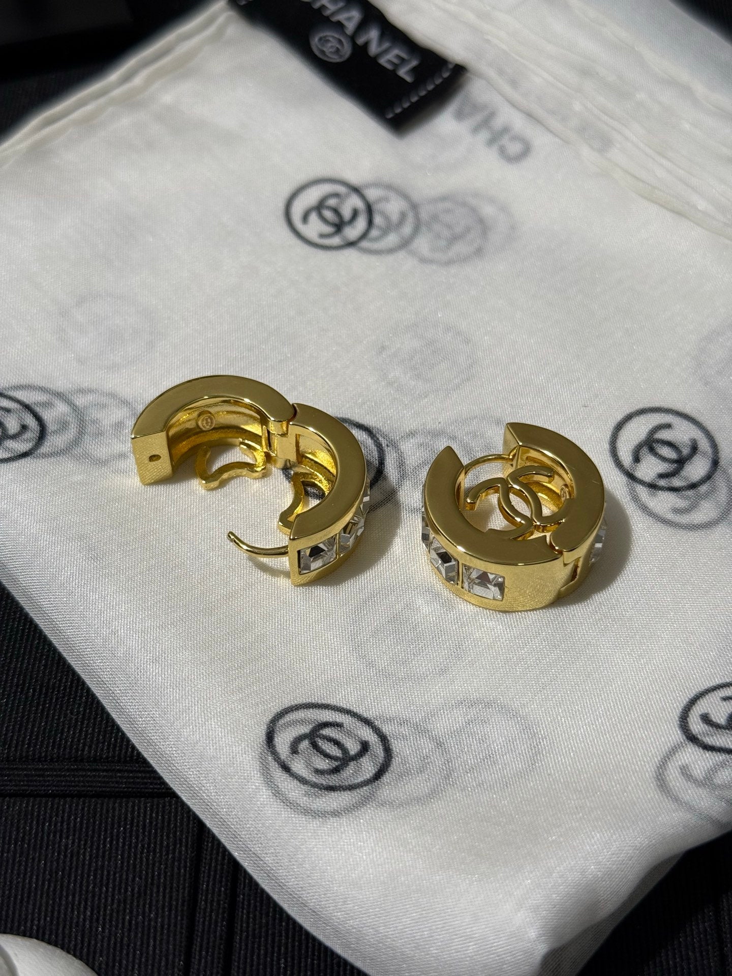 Chanel 2026 White Square Diamond Gold Double C Hoop Stud Earrings