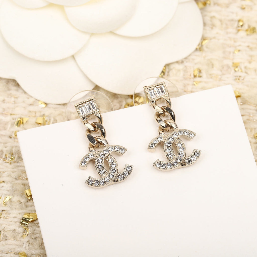 Chanel Double C Gold Diamonds Drop Earrings